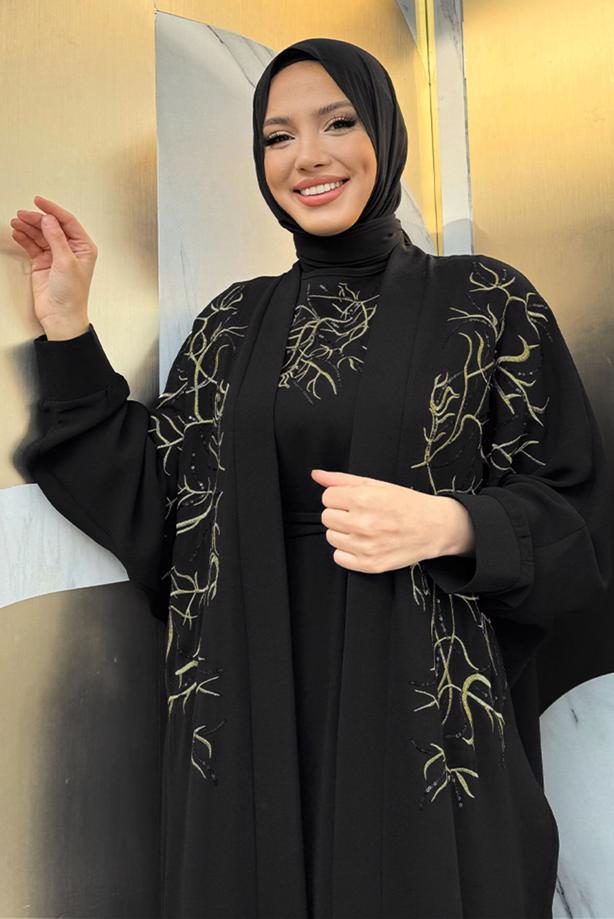 Vêtements hijab NOIR TAILLEUR ROBE BRODÉE T 6848 - TRENDTESETTÜR