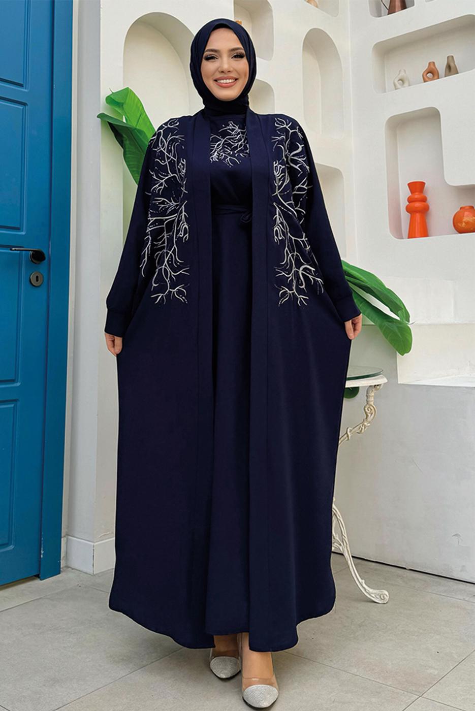 Vêtements hijab BLEU MARINE TAILLEUR ROBE BRODÉE T 6848