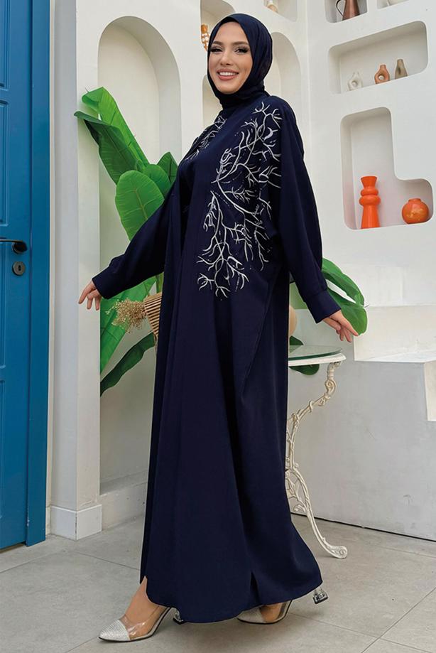 Vêtements hijab BLEU MARINE TAILLEUR ROBE BRODÉE T 6848 - TRENDTESETTÜR