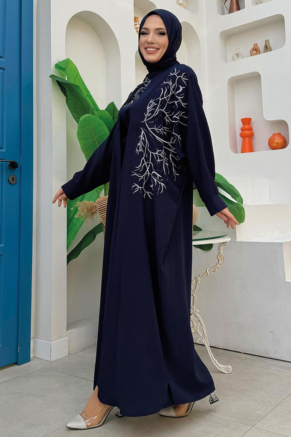 Vêtements hijab BLEU MARINE TAILLEUR ROBE BRODÉE T 6848