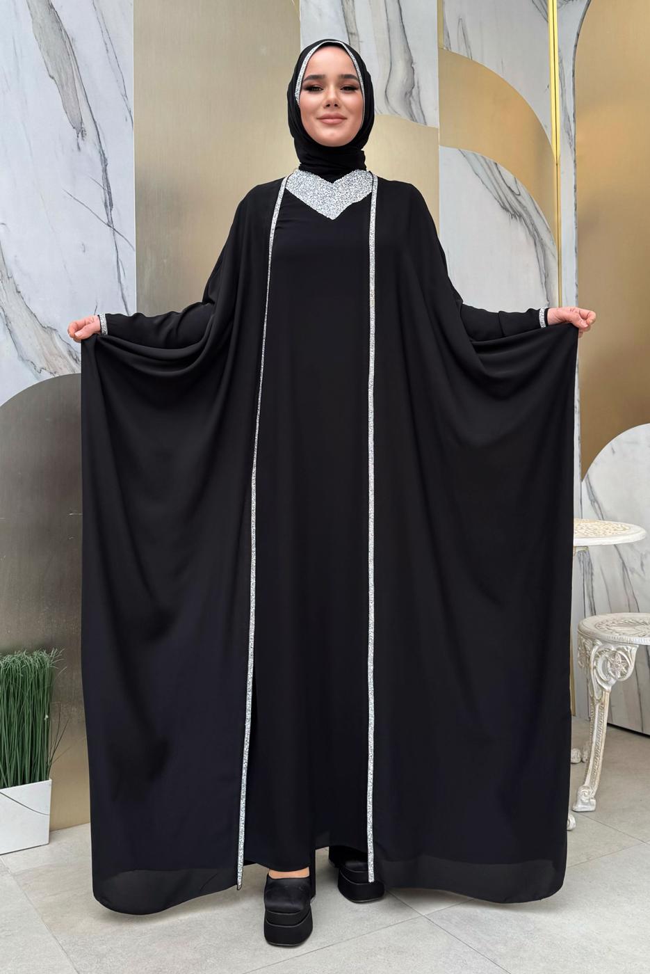 Tesettür giyim SİYAH TAŞLI PELERİNLİ ELBİSELİ TAKIM T 6948