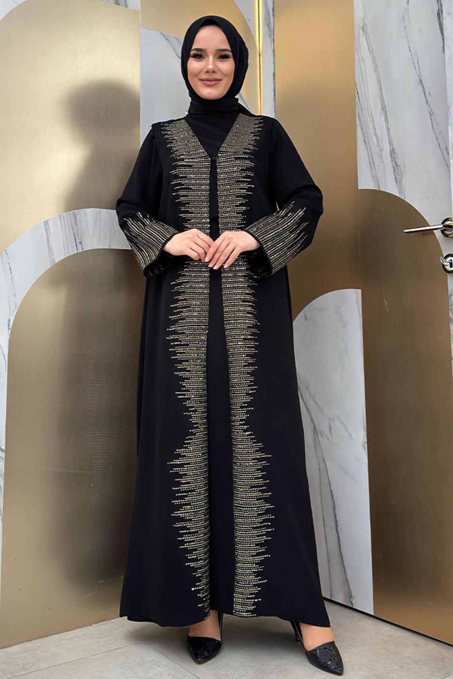 Tesettür giyim SİYAH PUL İŞLEMELİ YELEKLİ ELBİSE T 8948