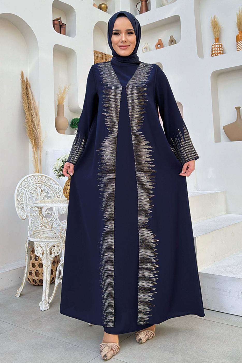 Tesettür giyim LACİVERT PUL İŞLEMELİ YELEKLİ ELBİSE T 8948