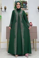 Tesettür giyim YEŞİL PUL İŞLEMELİ YELEKLİ ELBİSE T 8948