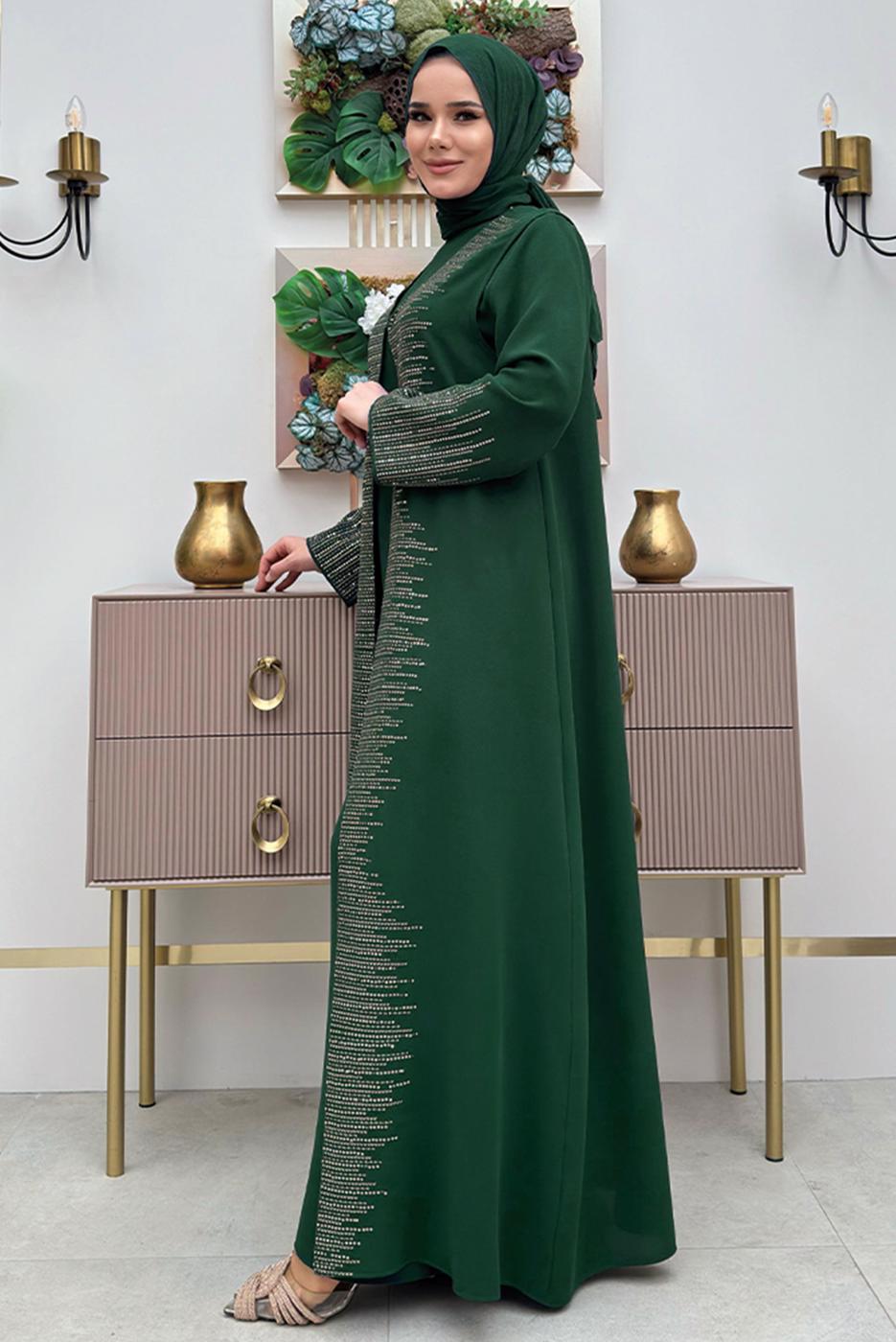 Tesettür giyim YEŞİL PUL İŞLEMELİ YELEKLİ ELBİSE T 8948