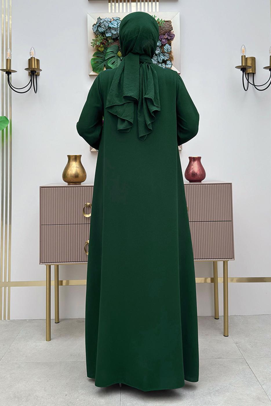 Tesettür giyim YEŞİL PUL İŞLEMELİ YELEKLİ ELBİSE T 8948