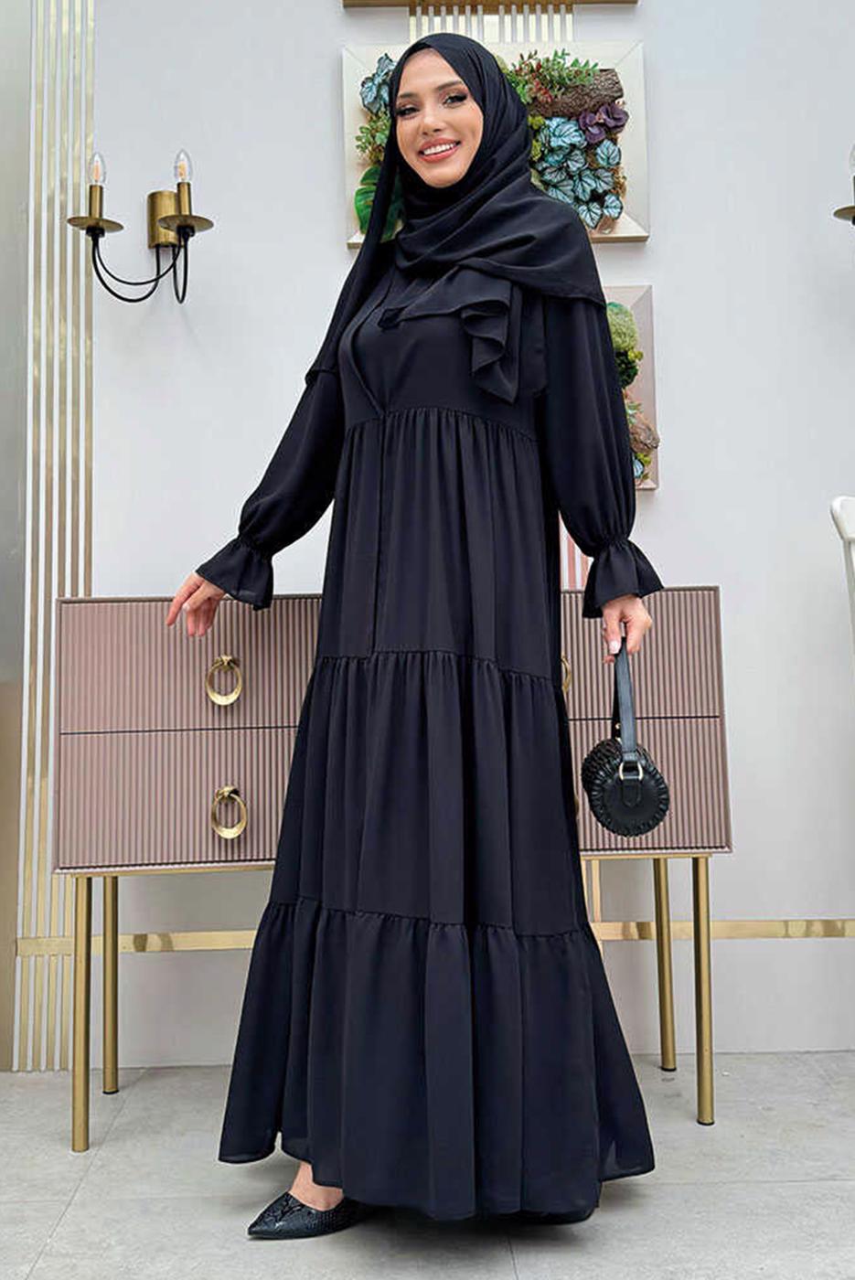 Tesettür giyim SİYAH BİSİKLET YAKA ELBİSELİ TAKIM T 9583