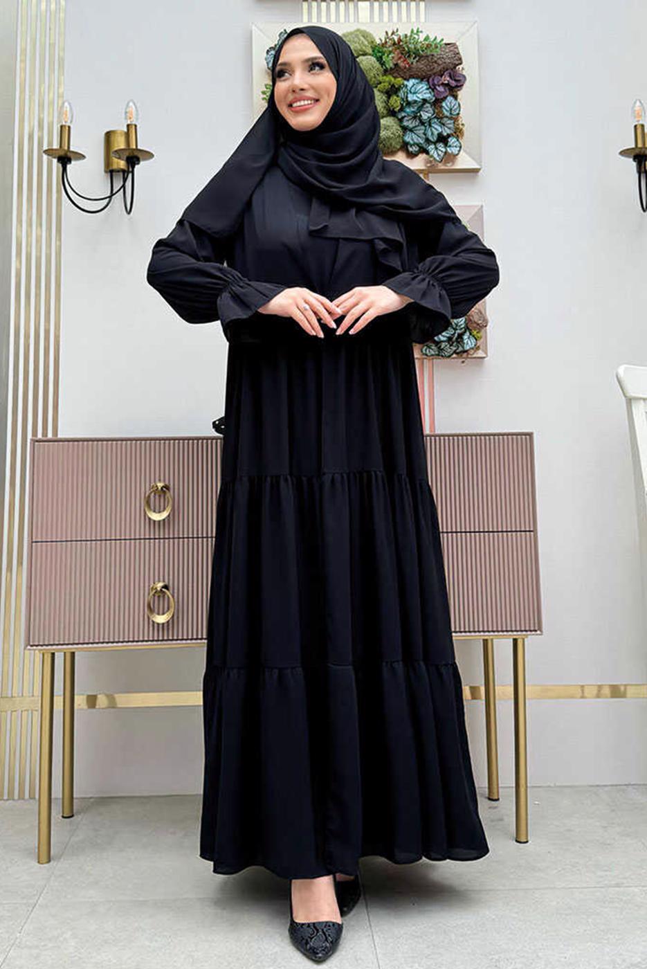 Tesettür giyim SİYAH BİSİKLET YAKA ELBİSELİ TAKIM T 9583