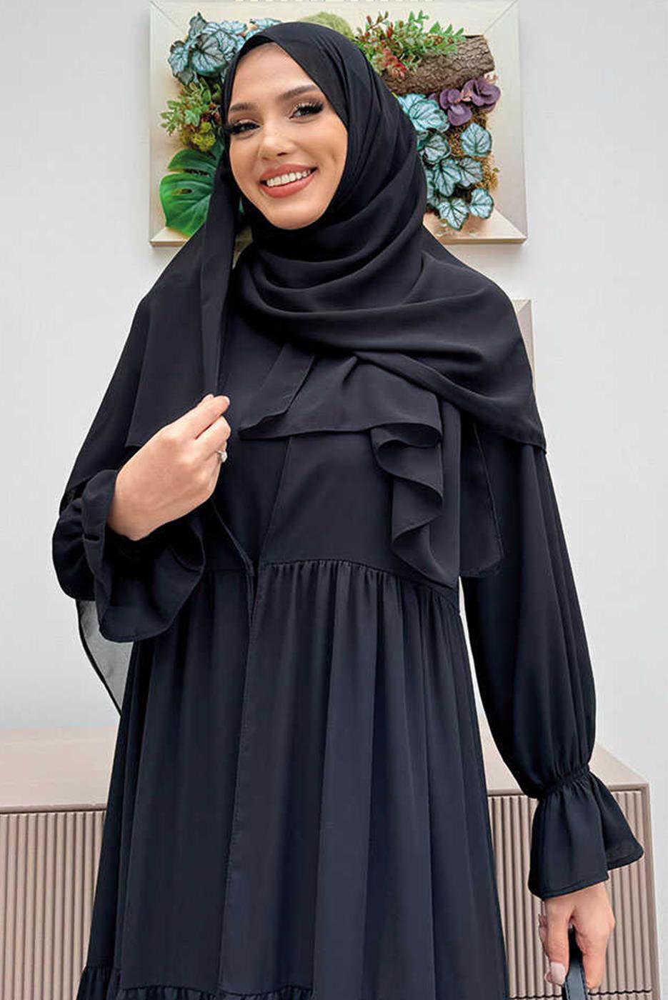 Tesettür giyim SİYAH BİSİKLET YAKA ELBİSELİ TAKIM T 9583