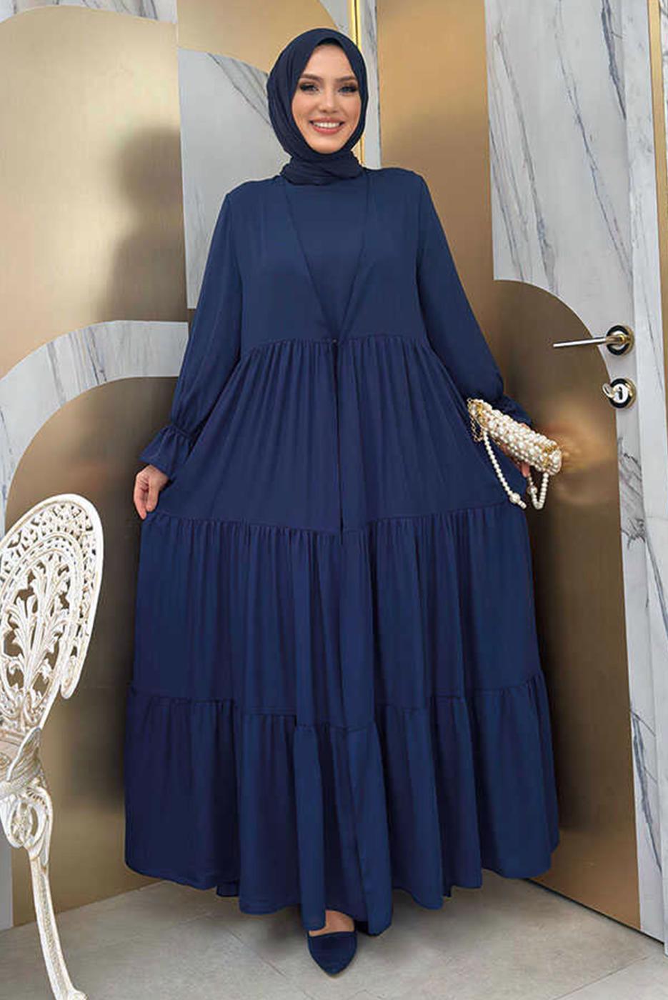 Tesettür giyim LACİVERT BİSİKLET YAKA ELBİSELİ TAKIM T 9583