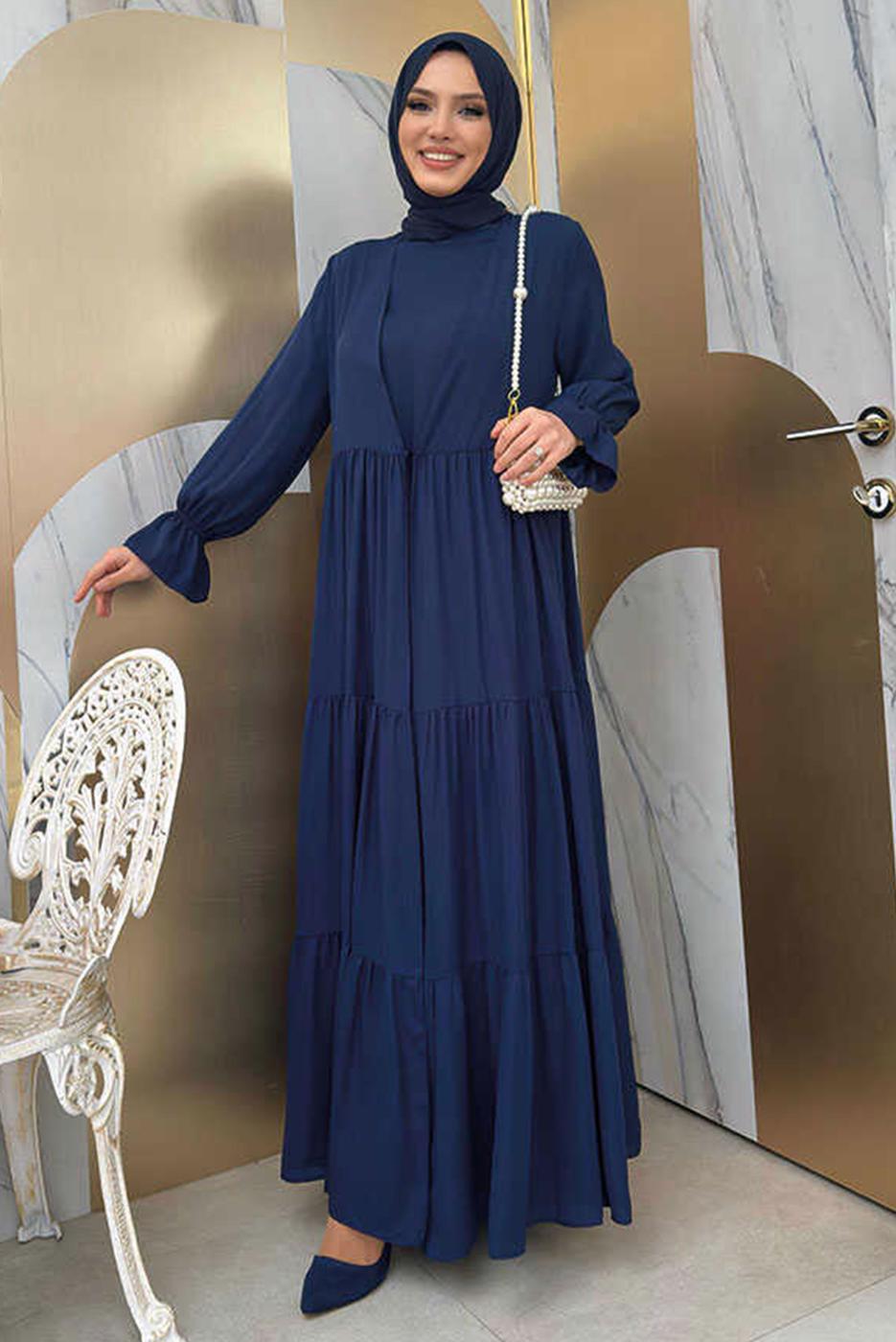 Tesettür giyim LACİVERT BİSİKLET YAKA ELBİSELİ TAKIM T 9583