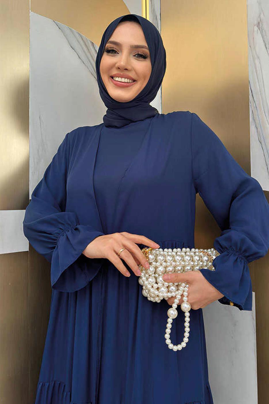 Tesettür giyim LACİVERT BİSİKLET YAKA ELBİSELİ TAKIM T 9583