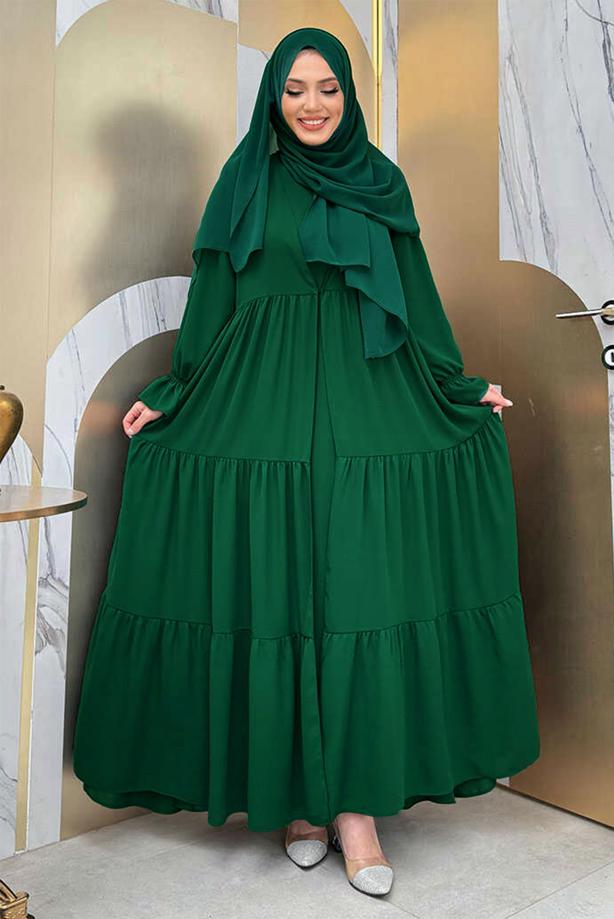 Tesettür giyim YEŞİL BİSİKLET YAKA ELBİSELİ TAKIM T 9583 - TRENDTESETTÜR