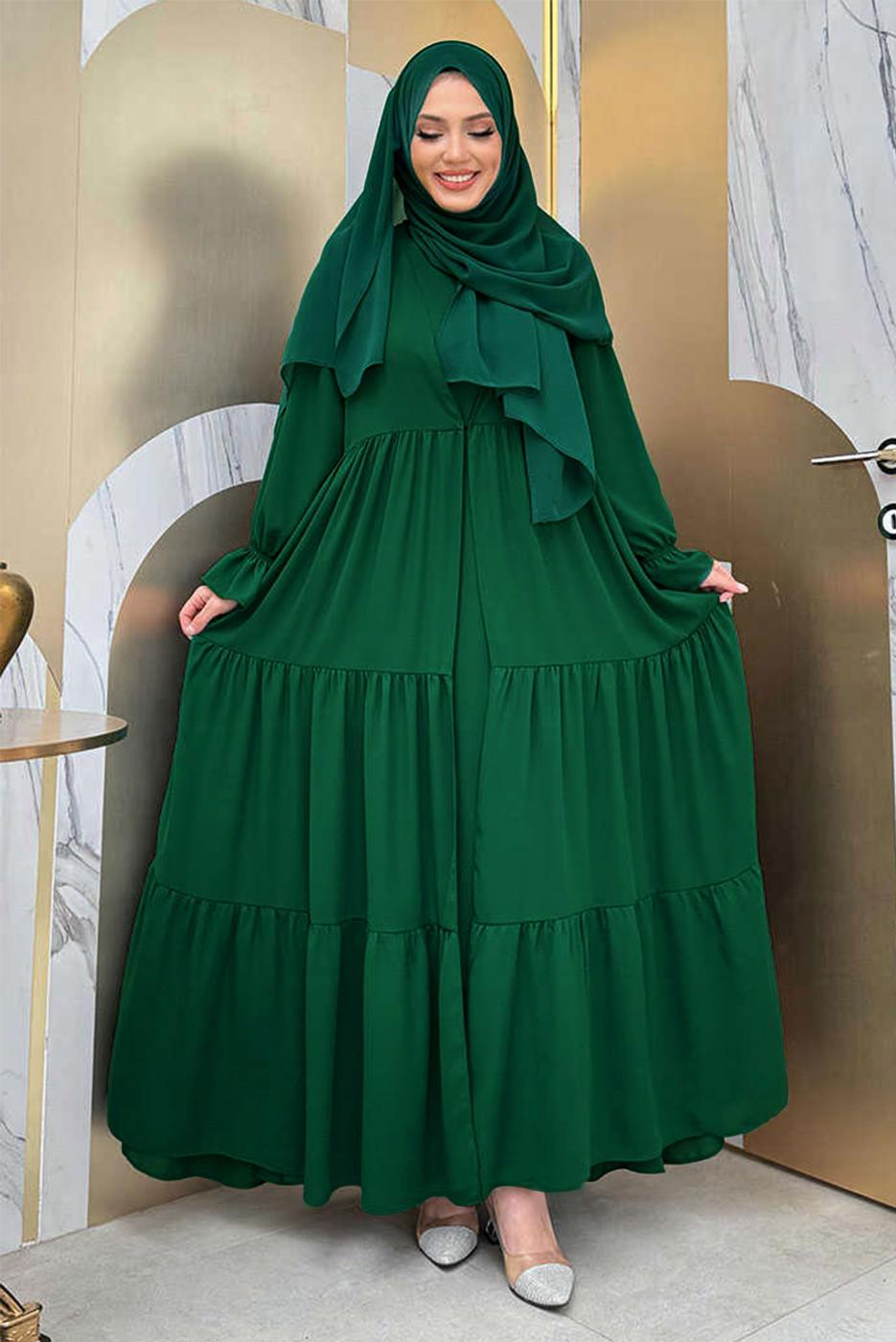 Tesettür giyim YEŞİL BİSİKLET YAKA ELBİSELİ TAKIM T 9583