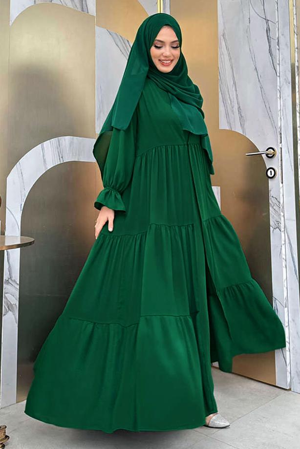 Tesettür giyim YEŞİL BİSİKLET YAKA ELBİSELİ TAKIM T 9583 - TRENDTESETTÜR