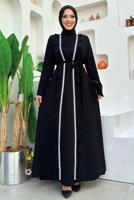 Tesettür giyim SİYAH KUŞAKLI FIRFIRLI ELBİSELİ TAKIM T 9848