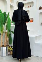 Tesettür giyim SİYAH KUŞAKLI FIRFIRLI ELBİSELİ TAKIM T 9848
