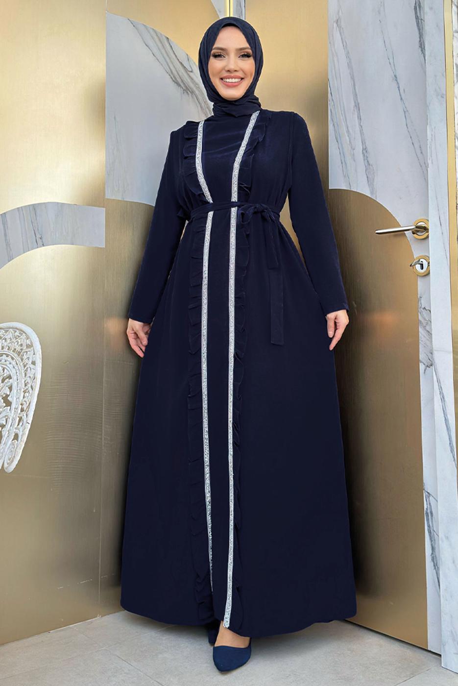 Tesettür giyim LACİVERT KUŞAKLI FIRFIRLI ELBİSELİ TAKIM T 9848