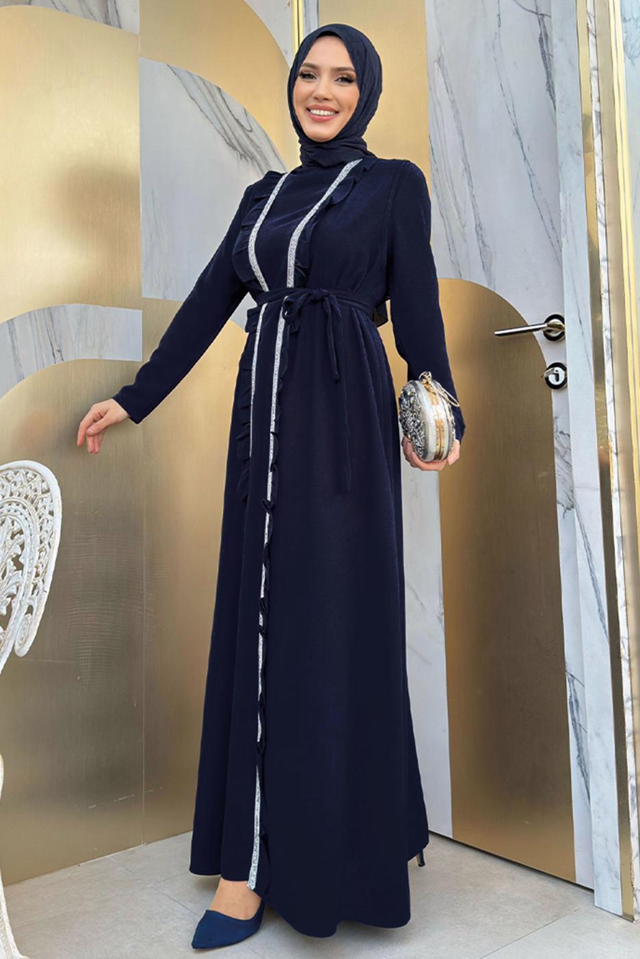 Tesettür giyim LACİVERT KUŞAKLI FIRFIRLI ELBİSELİ TAKIM T 9848