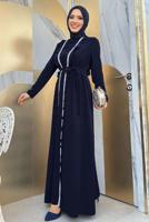 Tesettür giyim LACİVERT KUŞAKLI FIRFIRLI ELBİSELİ TAKIM T 9848