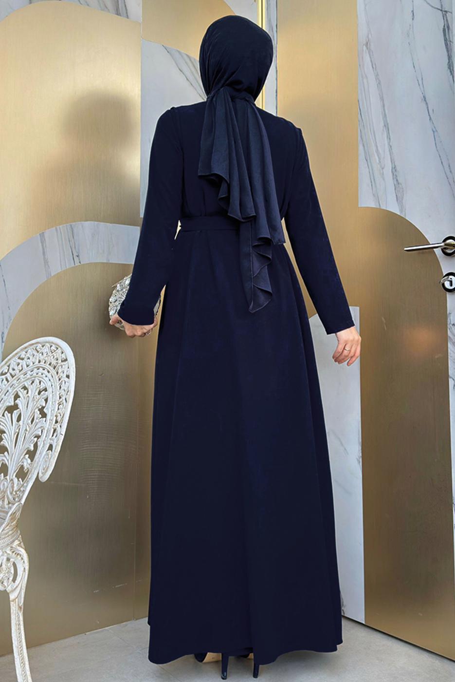 Tesettür giyim LACİVERT KUŞAKLI FIRFIRLI ELBİSELİ TAKIM T 9848