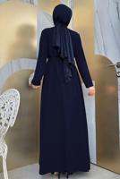 Tesettür giyim LACİVERT KUŞAKLI FIRFIRLI ELBİSELİ TAKIM T 9848