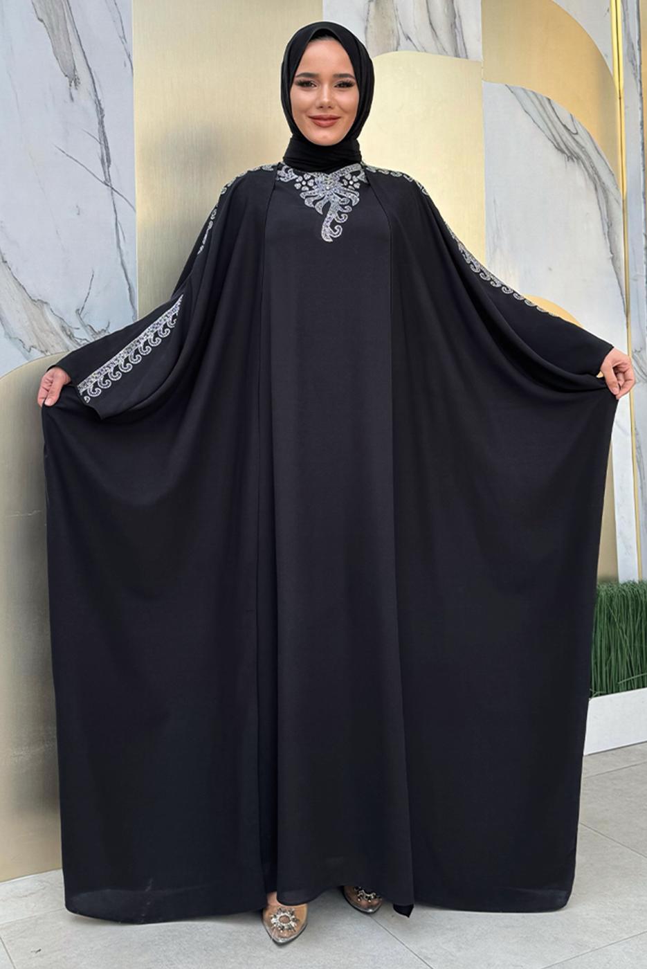 Tesettür giyim SİYAH İŞLEME DETAYLI ELBİSELİ TAKIM T 9948