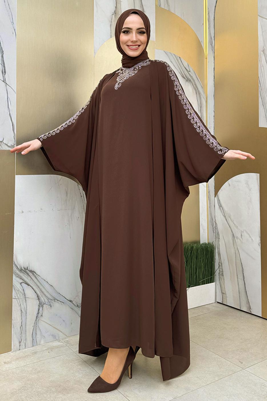 Tesettür giyim KAHVE İŞLEME DETAYLI ELBİSELİ TAKIM T 9948