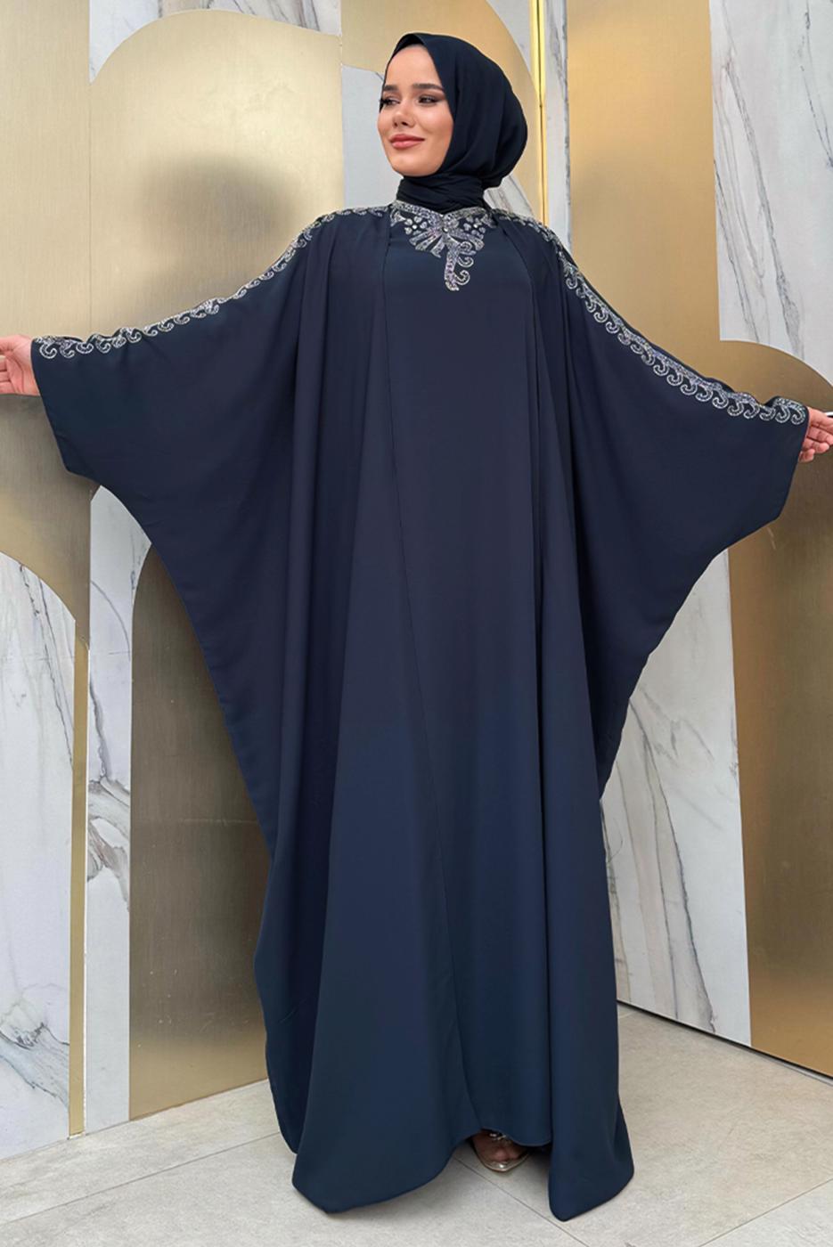 Tesettür giyim LACİVERT İŞLEME DETAYLI ELBİSELİ TAKIM T 9948