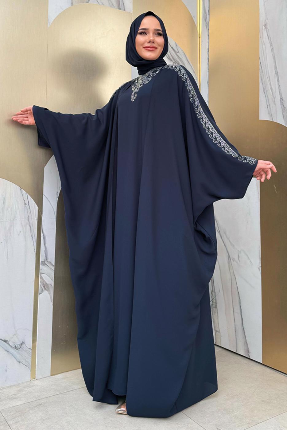 Tesettür giyim LACİVERT İŞLEME DETAYLI ELBİSELİ TAKIM T 9948