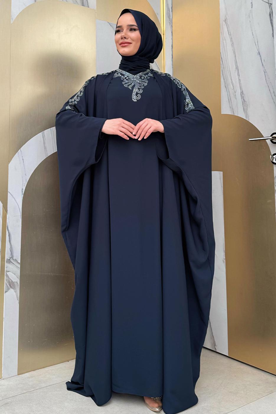 Tesettür giyim LACİVERT İŞLEME DETAYLI ELBİSELİ TAKIM T 9948