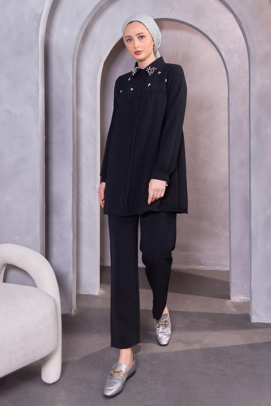 Tesettür giyim SİYAH TAŞ DETAYLI PANTOLONLU TAKIM T 0093
