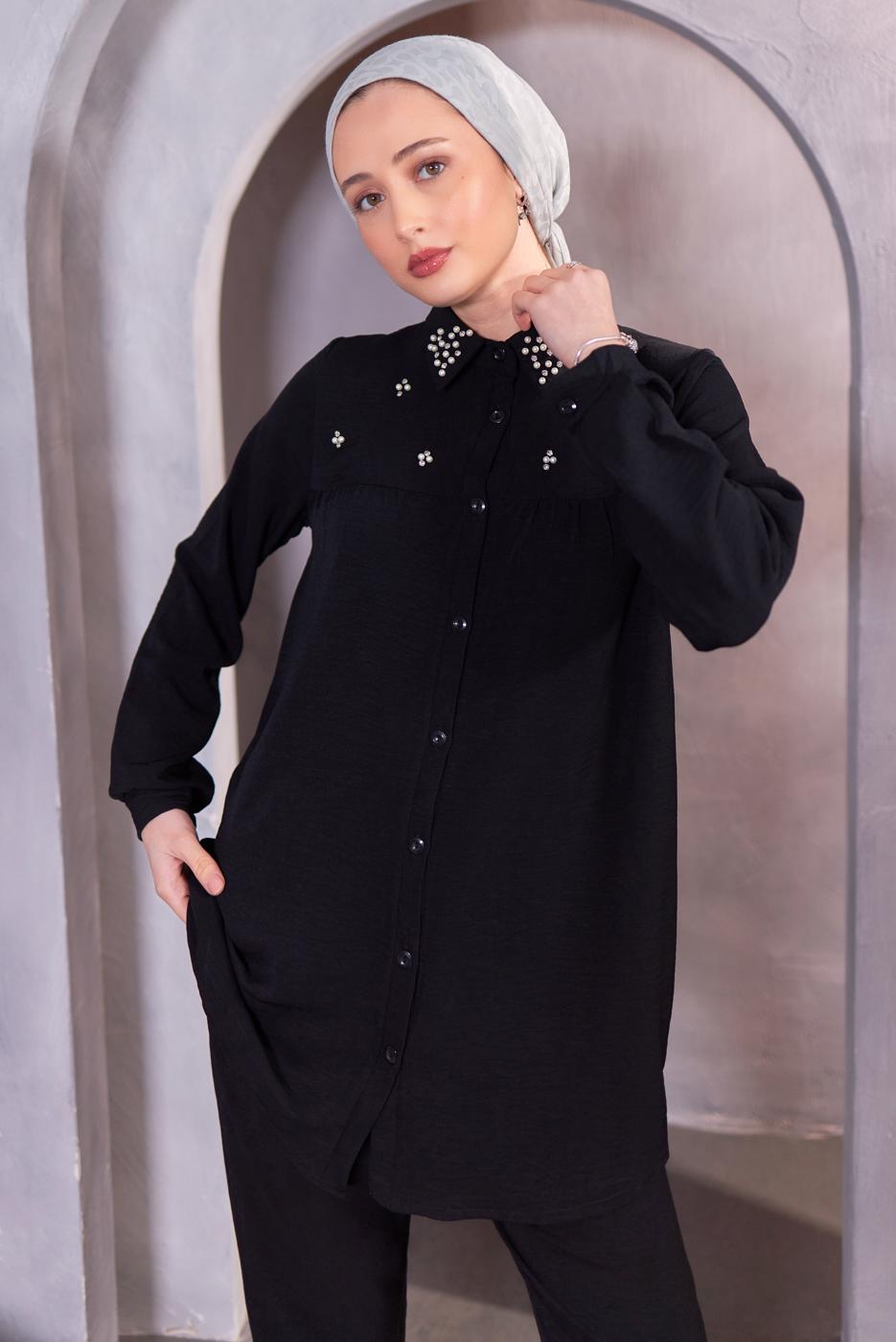 Tesettür giyim SİYAH TAŞ DETAYLI PANTOLONLU TAKIM T 0093