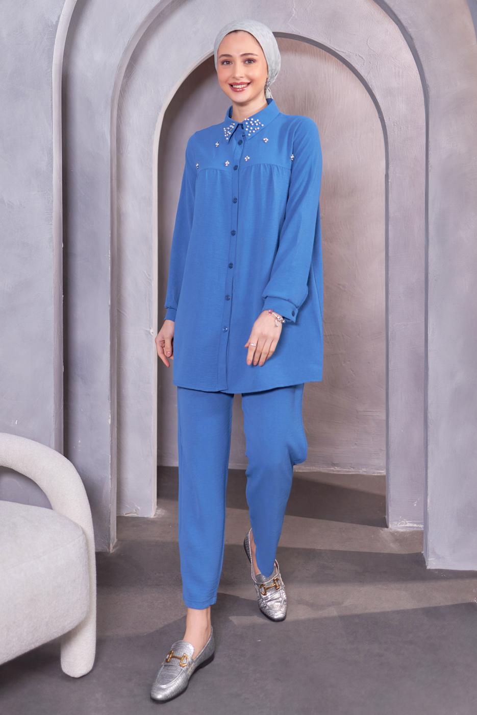 Tesettür giyim MAVİ TAŞ DETAYLI PANTOLONLU TAKIM T 0093