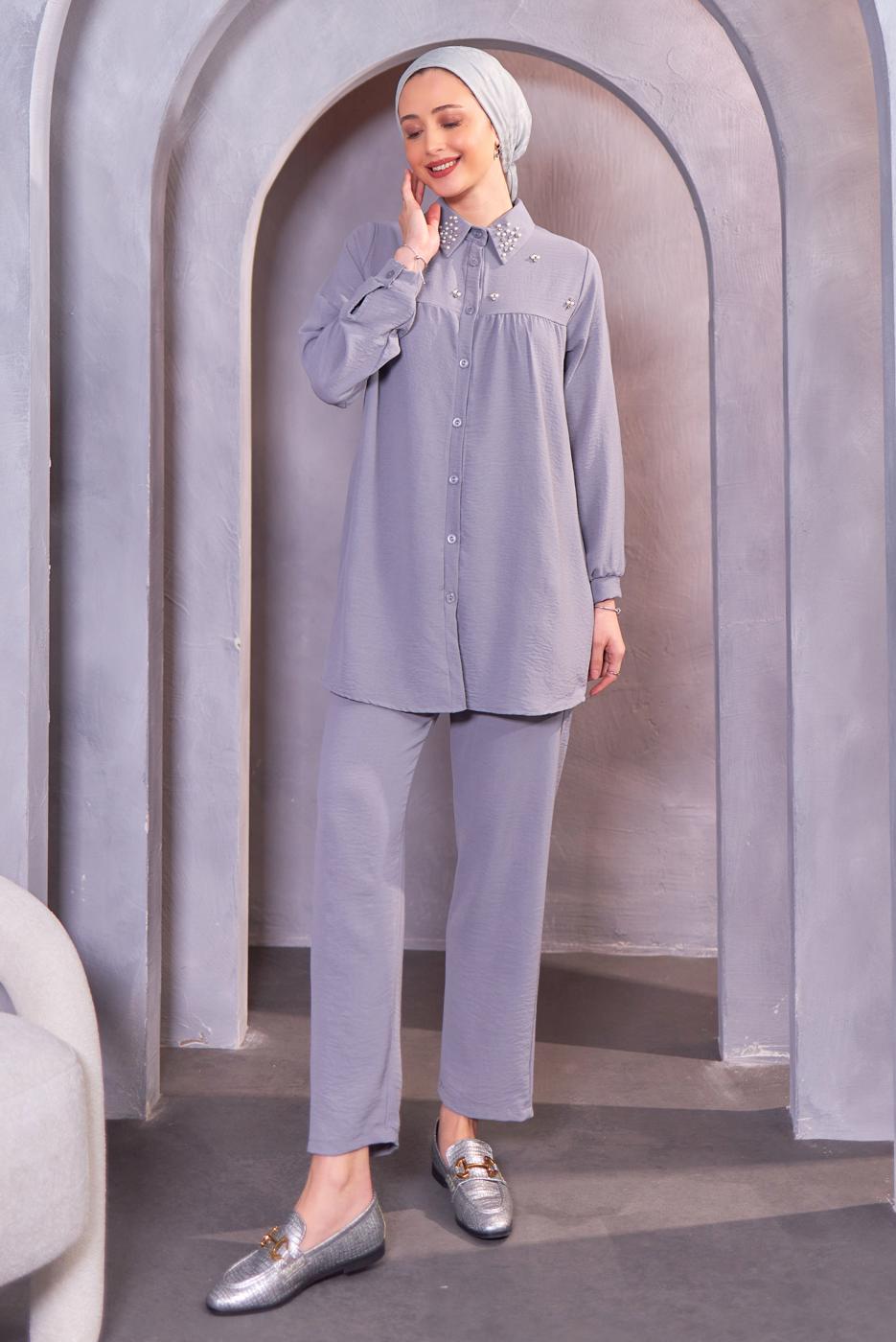 Tesettür giyim GRİ TAŞ DETAYLI PANTOLONLU TAKIM T 0093