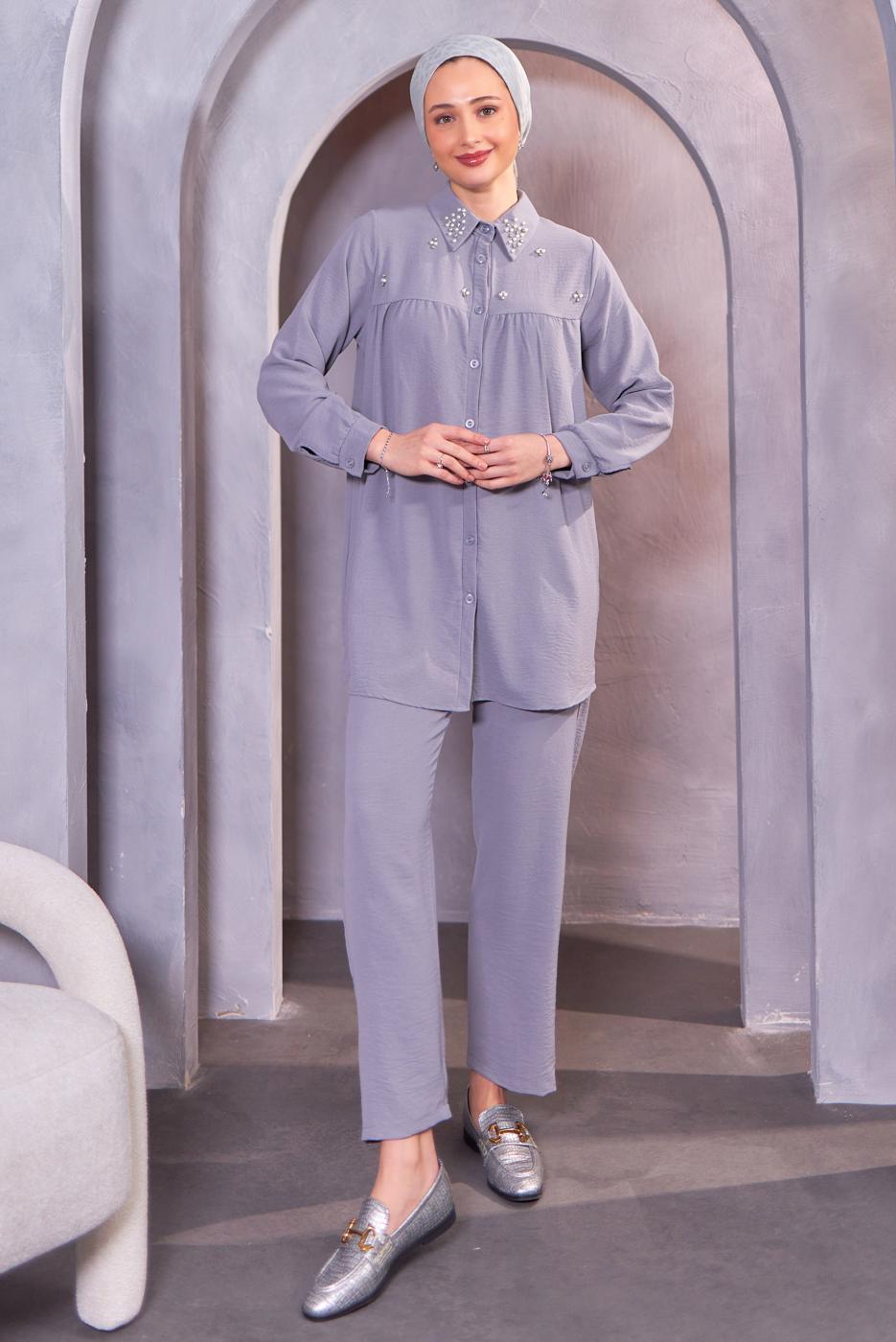 Tesettür giyim GRİ TAŞ DETAYLI PANTOLONLU TAKIM T 0093