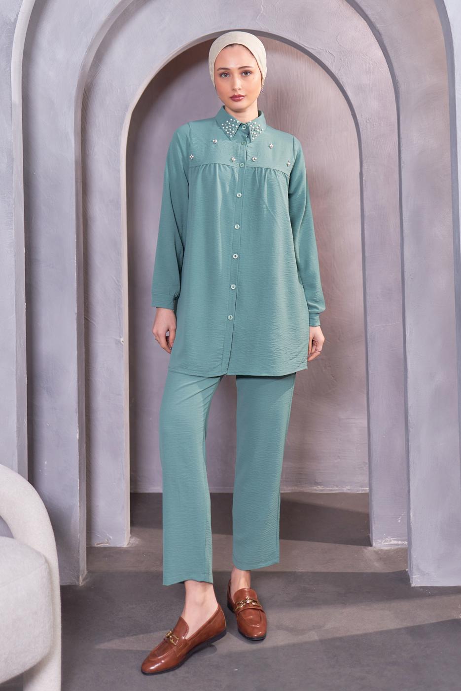 Tesettür giyim YEŞİL TAŞ DETAYLI PANTOLONLU TAKIM T 0093