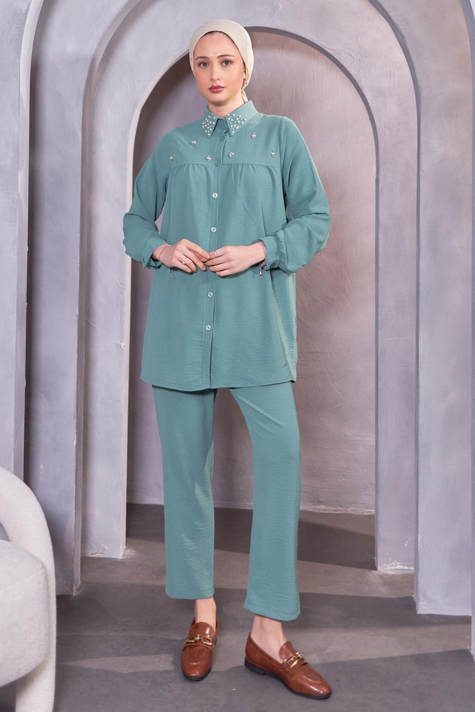 Tesettür giyim YEŞİL TAŞ DETAYLI PANTOLONLU TAKIM T 0093
