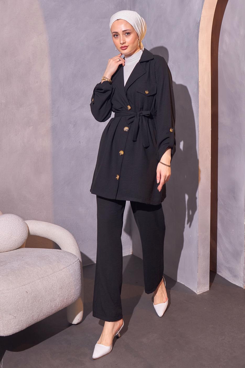 Tesettür giyim SİYAH KUŞAKLI PANTOLONLU TAKIM T 0114