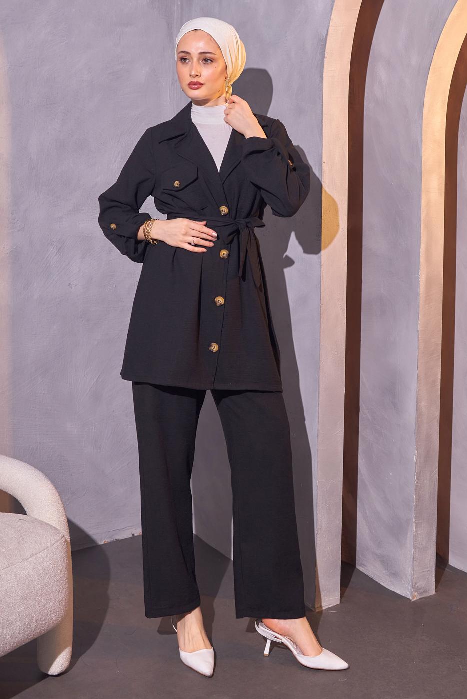 Tesettür giyim SİYAH KUŞAKLI PANTOLONLU TAKIM T 0114