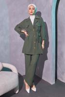 Tesettür giyim HAKİ KUŞAKLI PANTOLONLU TAKIM T 0114