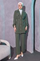 Tesettür giyim HAKİ KUŞAKLI PANTOLONLU TAKIM T 0114
