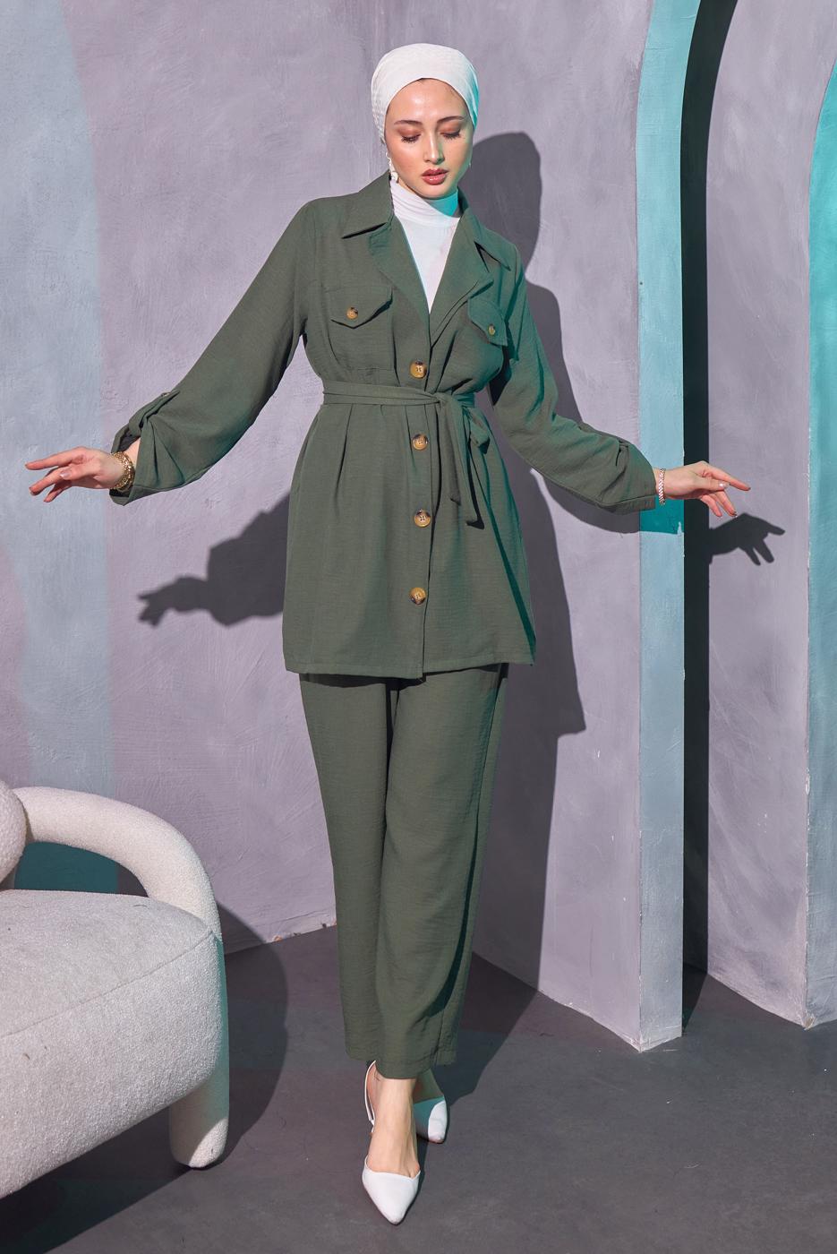 Tesettür giyim HAKİ KUŞAKLI PANTOLONLU TAKIM T 0114