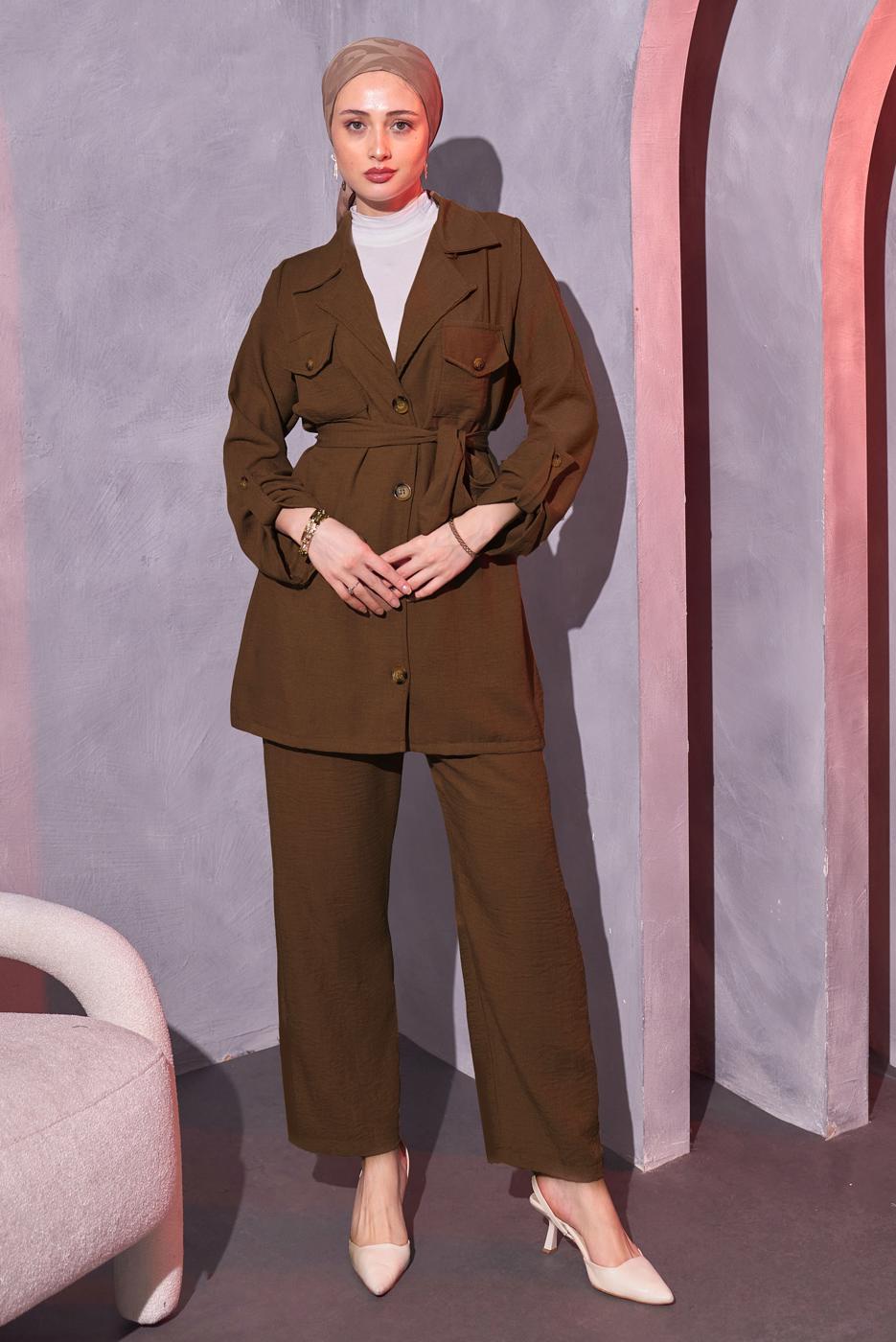 Tesettür giyim KAHVE KUŞAKLI PANTOLONLU TAKIM T 0114