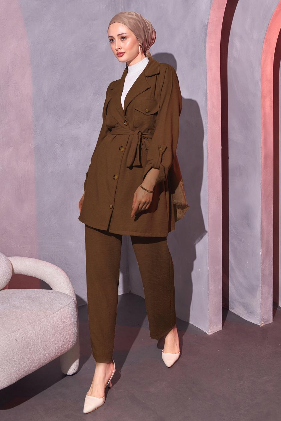 Tesettür giyim KAHVE KUŞAKLI PANTOLONLU TAKIM T 0114