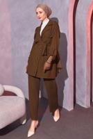 Tesettür giyim KAHVE KUŞAKLI PANTOLONLU TAKIM T 0114