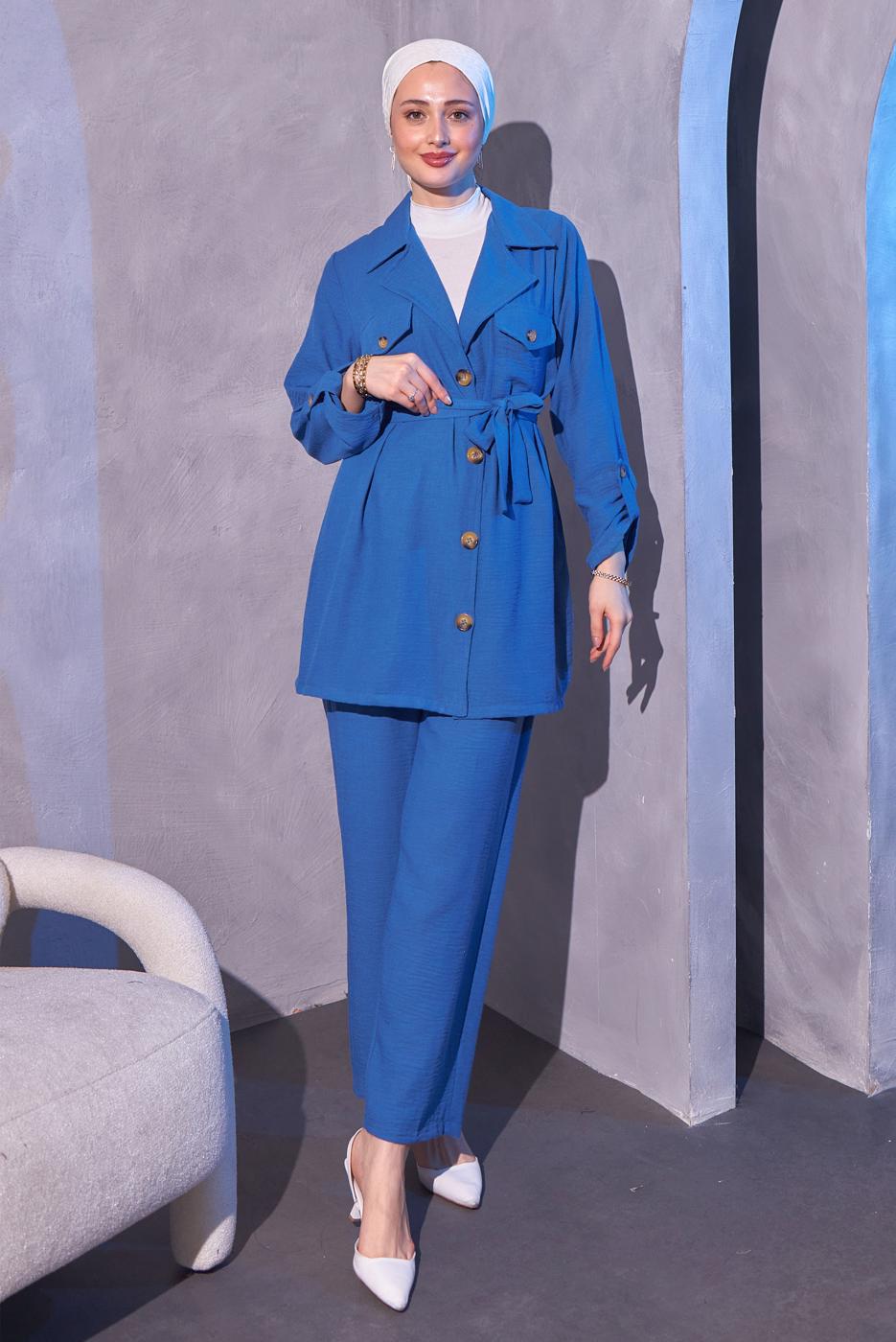 Tesettür giyim LACİVERT KUŞAKLI PANTOLONLU TAKIM T 0114