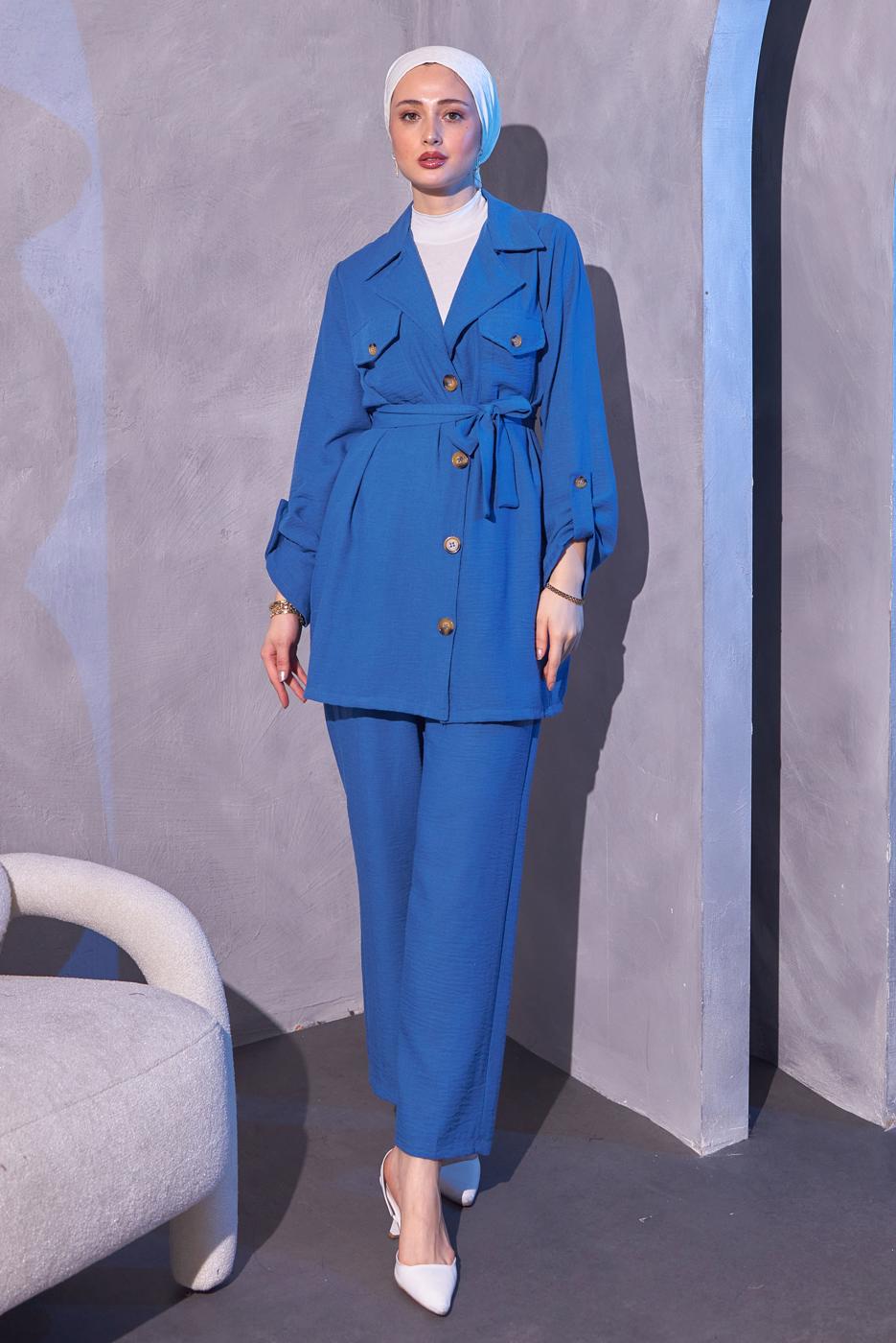 Tesettür giyim LACİVERT KUŞAKLI PANTOLONLU TAKIM T 0114