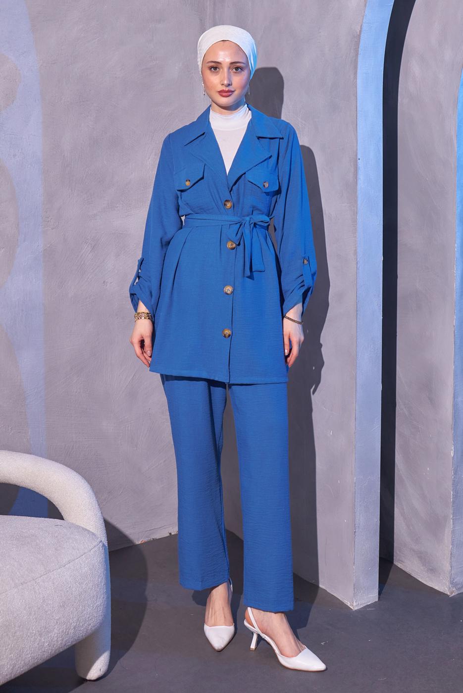 Tesettür giyim LACİVERT KUŞAKLI PANTOLONLU TAKIM T 0114