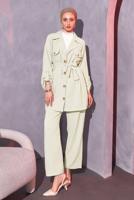 Tesettür giyim BEJ KUŞAKLI PANTOLONLU TAKIM T 0114
